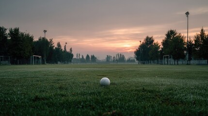 Empty soccer field with a single ball near the center, grass freshly cut and the goalposts standing tall in the background