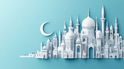 Fototapeta premium White Mosque Complex Illustration on Blue Background with Crescent Moon Art