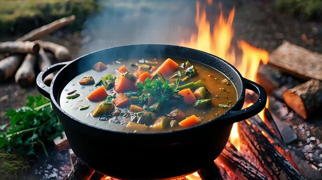 Colorful vegetable stew cooking in a black pot over an open campfire surrounded by logs and herbs, with flames glowing in the background

