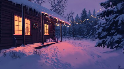 Fototapeta premium Cozy Cabin with Winter Night Lights.