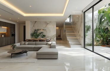 Fototapeta premium Modern, open-plan living space with a seamless flow between indoor and outdoor living areas, featuring luxurious materials and natural light