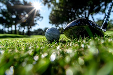 The scene features a golf ball and club on a beautiful golf course set against a stunning sunset, alongside a ball positioned on the green of a golf course in Thailand