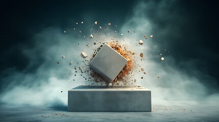 Exploding cube on a pedestal