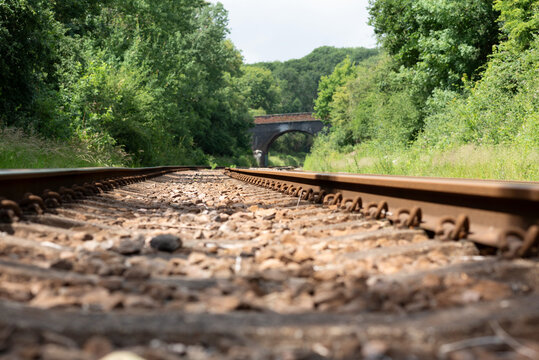 View of the double track railway from the middle. low angle.
