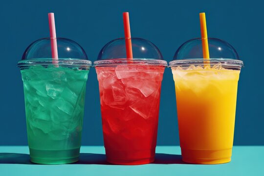 Colorful refreshment drinks served in clear cups on table