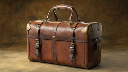 A vintage leather suitcase with brass accents and a handle, placed on a textured brown surface with a warm, rustic background.