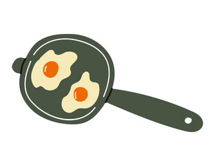 Frying two sunny side up eggs in a green skillet on a bright kitchen counter