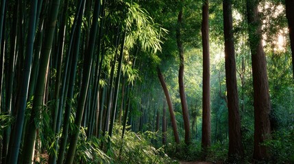 Naklejka premium Gentle light filtering through dense bamboo trees, highlighting the natural vertical pattern