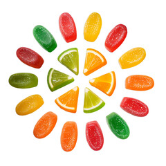 Colorful Circular Gummy Candy Arrangement on White Background – High-Resolution Fruity Candy Pattern for Creative Projects