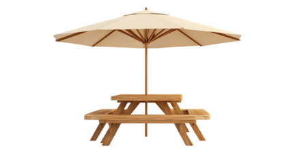 Rustic Wooden Picnic Table with Benches and Sun Shade Umbrella