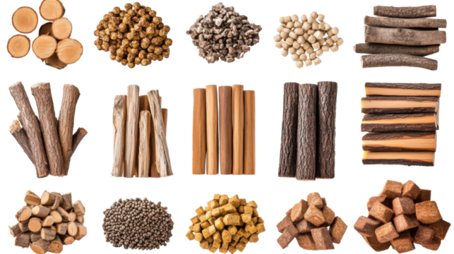 Collection of Various Wooden Logs Isolated on White Background – Natural Timber Cuts in Different Shapes and Sizes for Rustic Design, Firewood, and Craft Concepts