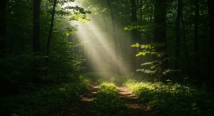 Obraz premium Enchanting Sunbeams Illuminate Mystical Forest Path: A Serene Nature Escape. High quality professional stock photo suitable for commercial use.