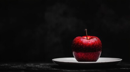 A red apple with a stem sits on a white plate against a black background.