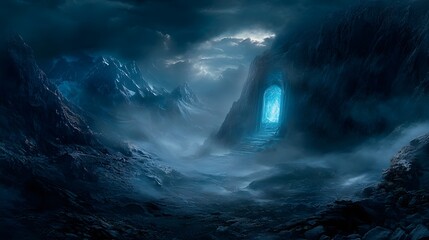 An ethereal icy landscape, a swirling vortex of snow and mist,  obscures a glowing portal, a glimpse into the unknown. The  stark and desolate scenery invites mystery and intrigue.  