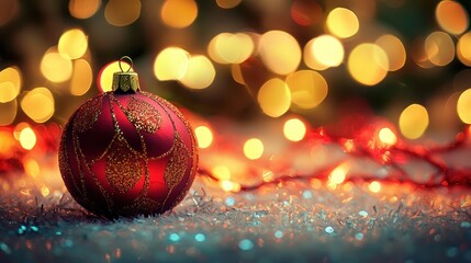 Obraz premium A red and gold Christmas ornament with a blurred background of lights.