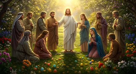 Jesus Christ's Resurrection with Disciples and Easter Eggs in a Radiant Garden Scene of Faith and Renewal