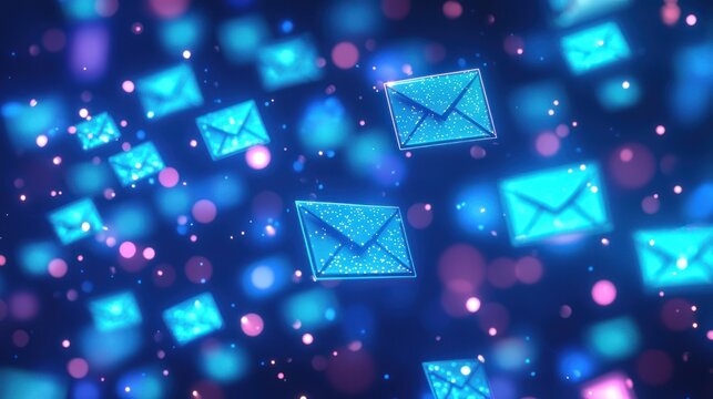 A vibrant, colorful, abstract digital email icon with a blue and pink color scheme, floating against a dark blue background with a bokeh effect.