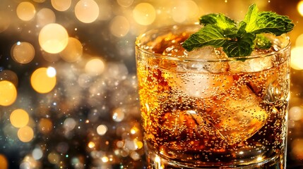 Sparkling amber cocktail garnished with fresh mint, sits on a dark surface against a shimmering, bokeh background.  