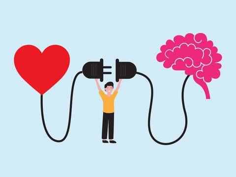 heart brain connection control feeling emotion logical thinking brain man connect plug heart brain concept illustration design
