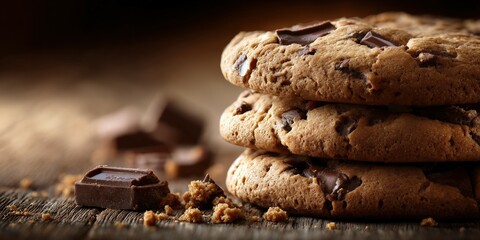 Fototapeta premium Delicious chocolate chip cookies stacked on wooden table