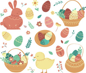Easter Vector Set in Simple Flat Style. Eggs, Bunnies, Flowers and Holiday Elements