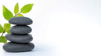 Obraz premium Serene Stack of Gray Stones with Green Leaves on White Background