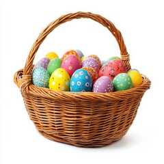 Basket full of easter eggs displayed on a white background