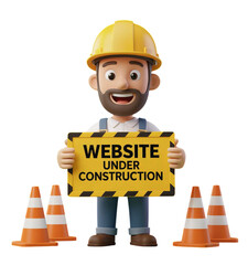 3D Construction Worker, Isolated Transparent Background, Website Under Construction Sign