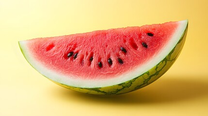 A juicy slice of ripe watermelon, glistening with dew, promises a taste of summer's sweetness. Its vibrant red flesh and contrasting green rind beckon to be enjoyed on a warm day. 