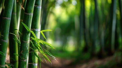 Lush green bamboo forest with tall, straight stalks and soft sunlight filtering through the leaves, perfect for serene background scenes