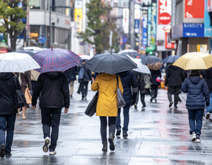 雨の中傘をさす人達