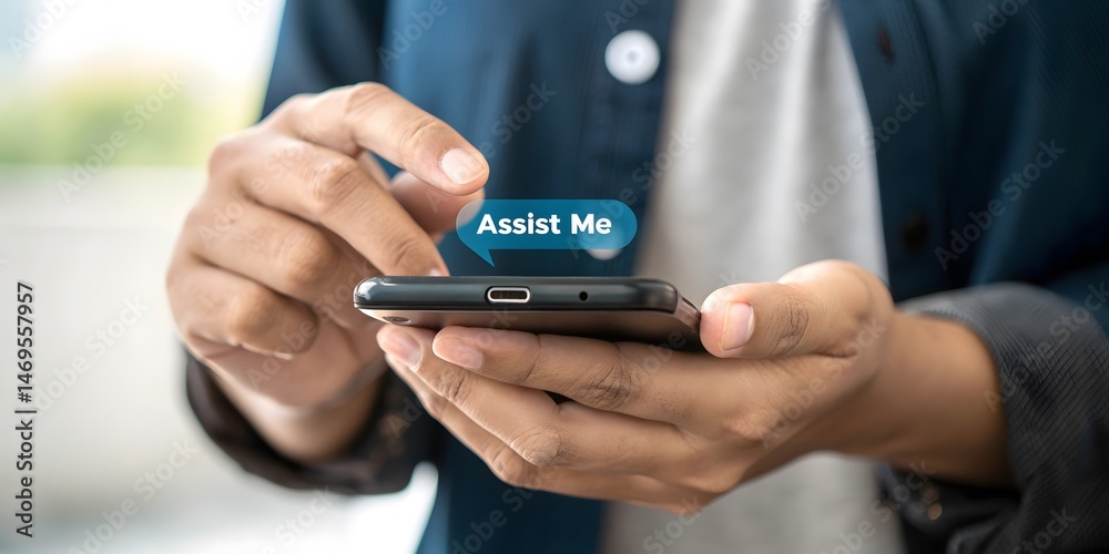 Poster a person expertly uses a smartphone to get help from assistant in a high-tech, futuristic setting, h