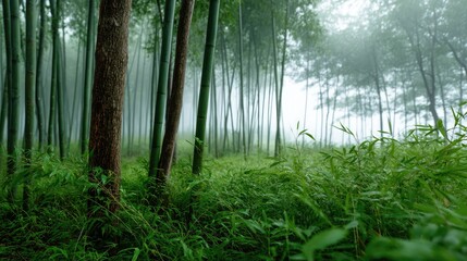 Fototapeta premium Misty green bamboo forest in early morning light, creating a calm and mystical atmosphere