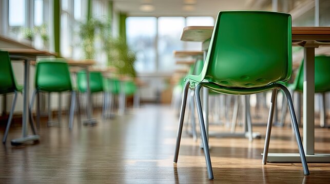 Modern schoolroom with green plastic chairs and laminated desks, shot from rear, empty setting