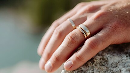 Newlywed couple holding hands with matching gold wedding bands, soft focus and natural lighting
