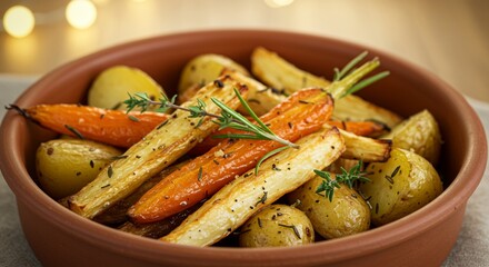 Delicious Roasted Root Vegetables: Parsnips, Carrots, and Potatoes, Seasoned with Thyme and Rosemary, in a Rustic Clay Bowl