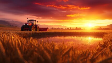 Fototapeta premium Sunset Over Golden Wheat Field with Tractor and Pond Reflection Tractor Wheat field Sunset Harvest