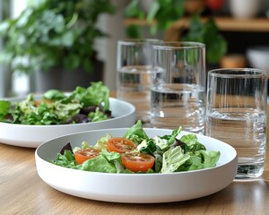 Fresh salad with water glasses on a table