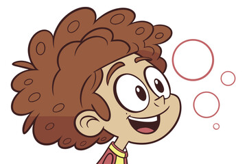 53 3D rendered cartoon face with wild curly brown hair, big googly eyes, happy smiling expression, cheerful happy bubbly character, high detail, digital art, 4k