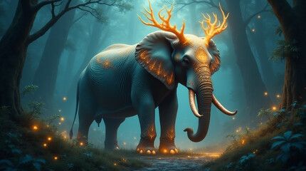 Majestic Guardian A Mystical Teal-Blue Elephant with Glowing Antlers Roaming Through a Dreamlike Forest, Bathed in Ethereal Golden Light and Surrounded by Enchanted Flora
