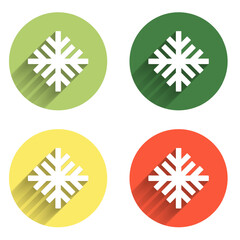 Set Snowflake icon isolated with long shadow background. Color circle button. Vector