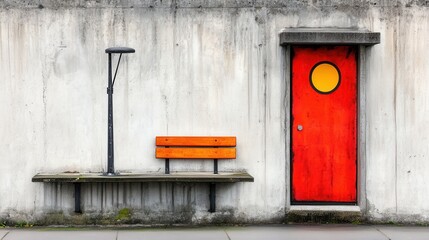 Minimalist Urban Scene Red Door with Yellow Circle and Wooden Bench