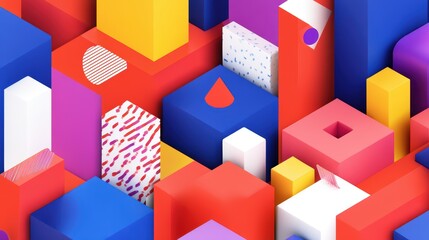 Obraz premium Vibrant geometric color block composition with bold red, orange, yellow, green, blue, purple, pink hues in dynamic arrangement. Modern abstract design with layered cubes and dimension