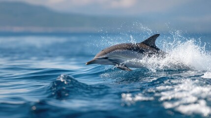 Fototapeta premium Playful striped dolphin making a splash as it jumps out of the ocean on a bright summer day