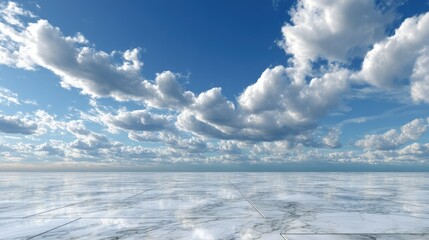 Fototapeta premium Polished marble flooring set against a sky painted with fluffy white clouds, no people or structures around