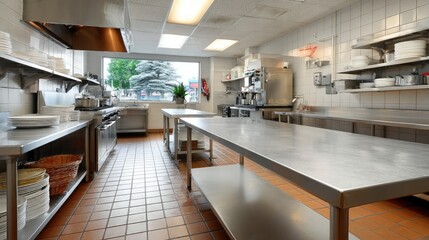 Professional kitchen setup with empty prep tables, clean surfaces, and a sanitary working environment