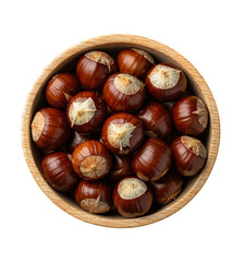 Obraz premium Brown Chestnuts in Wooden Bowl, Isolated Transparent Background