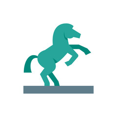 A stylized turquoise horse rearing up on its hind legs standing on a gray rectangular platform base design