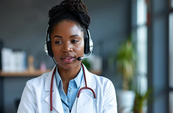Female doctor taking a call, smiling and talking wearing a headset