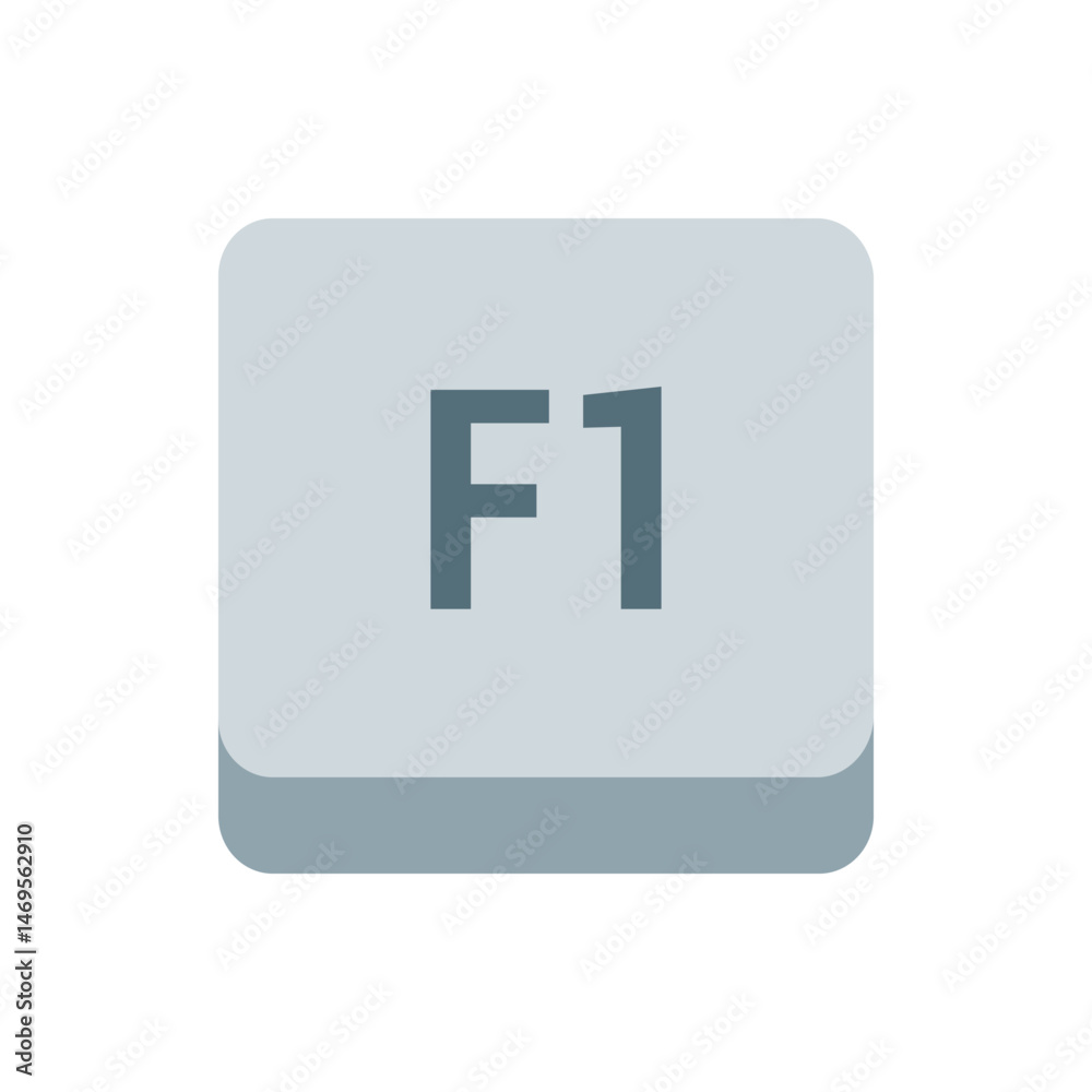 Poster illustration of a gray rounded square button with the dark gray text f one displayed in the center o